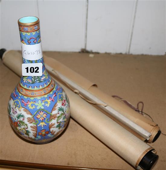 Chinese vase & 2 Chinese scrolls